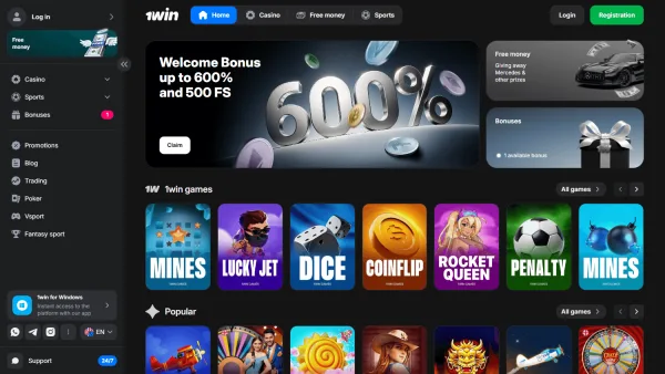 1win homepage on desktop